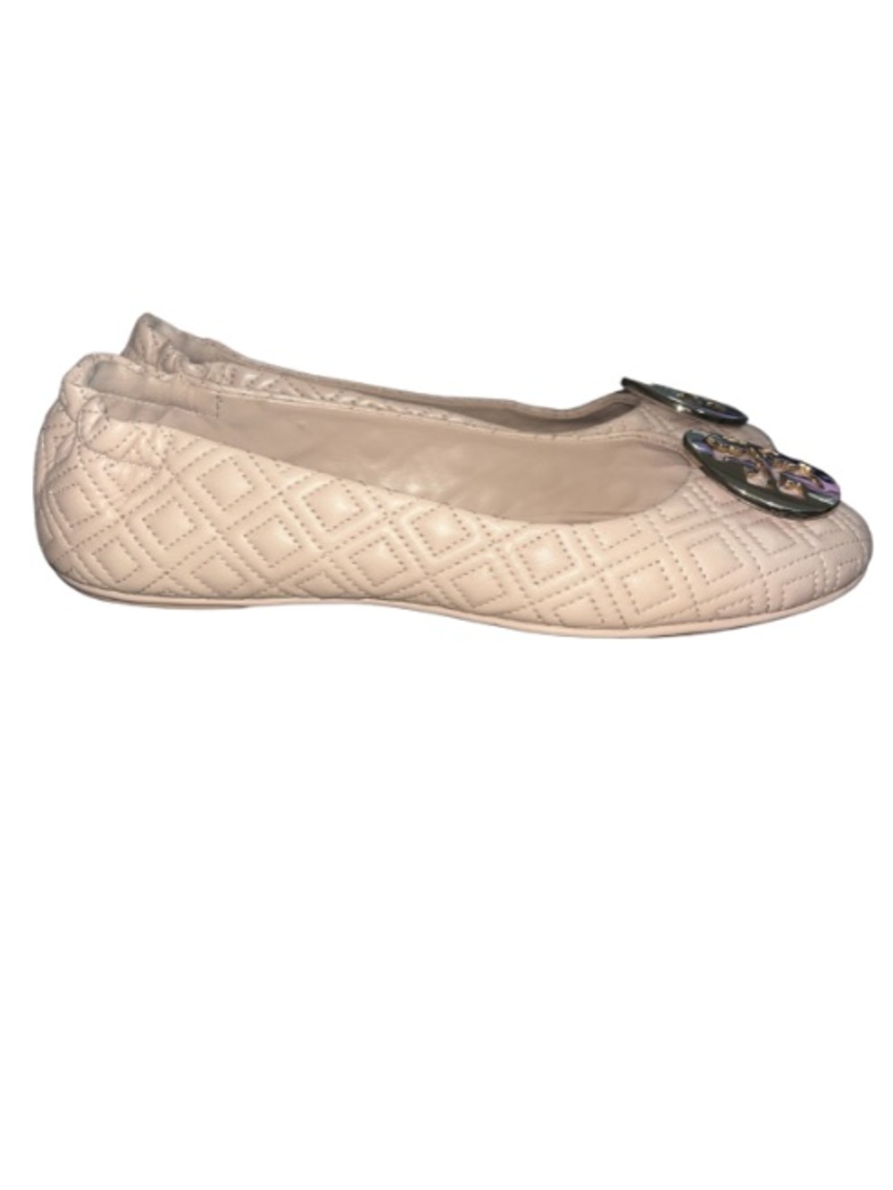 Tory Burch Minnie Quilted Ballet Travel Flats Goan Sand Pink Nude Gold Size 10M - Picture 4 of 11